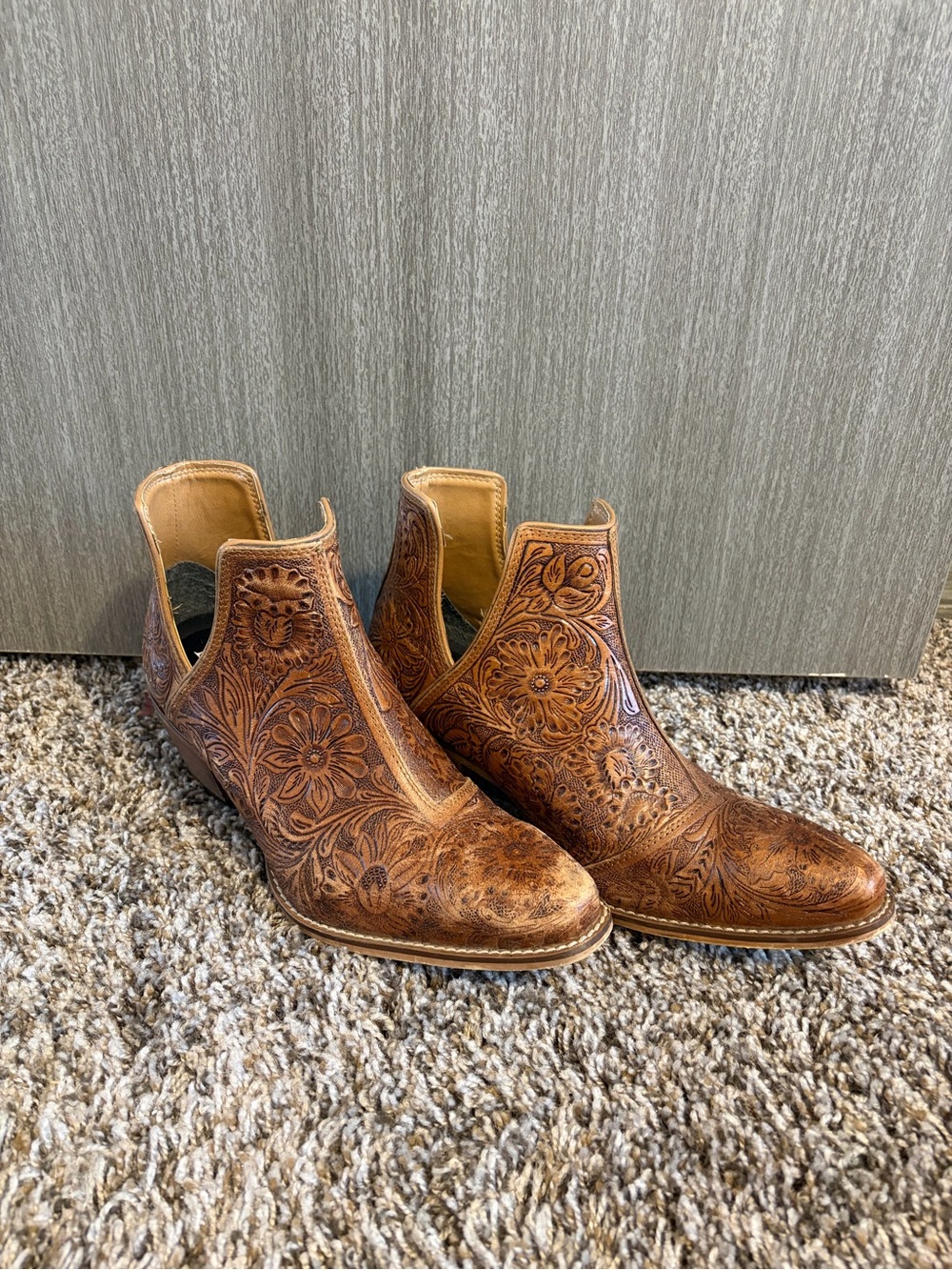 Myra Bag Floral Tooled Leather Ankle Booties - Brown